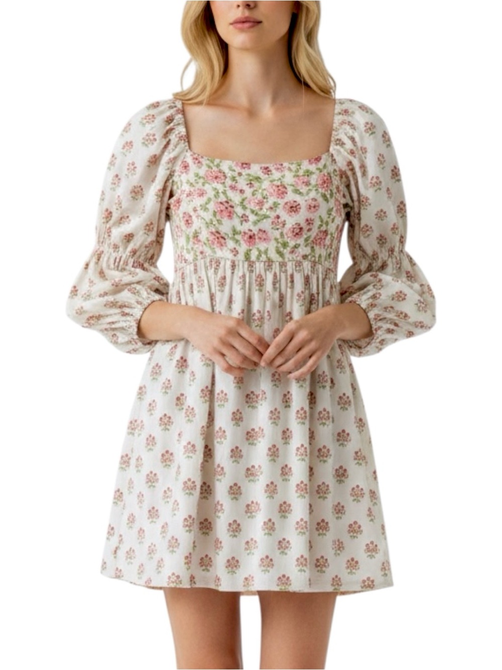 Smith & Quinn Rose Babydoll Dress White Pink Floral Cottagecore Size Medium